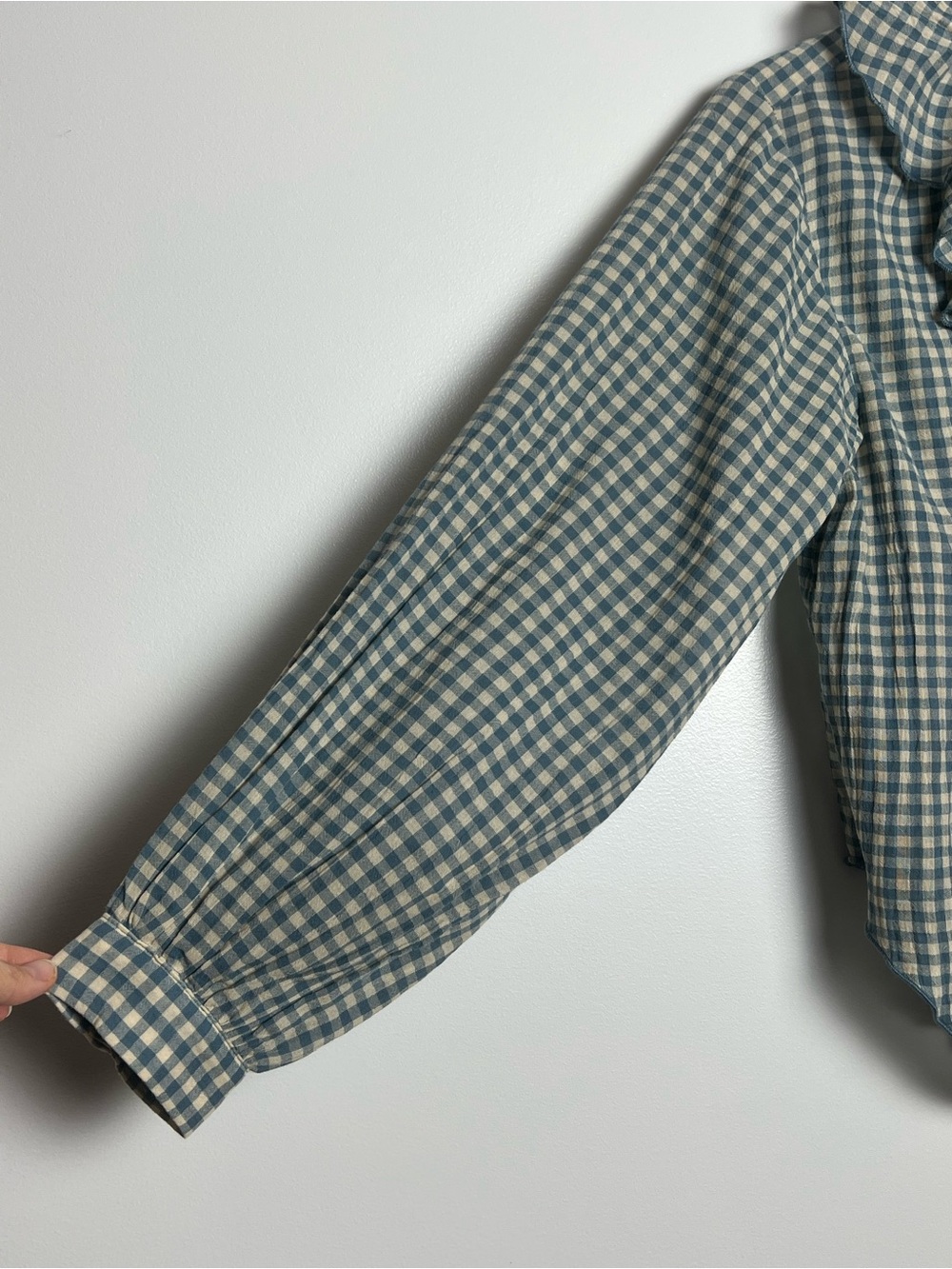 NWOT Pilcro Blue Gingham Button-Front Ruffle Collar Top - Picture 7 of 11